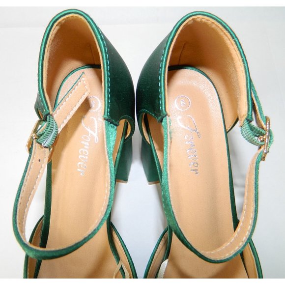 Size 8 Forever Emerald Green Satin Runway Block Heel Closed Toe Shoes Platform - Picture 9 of 16